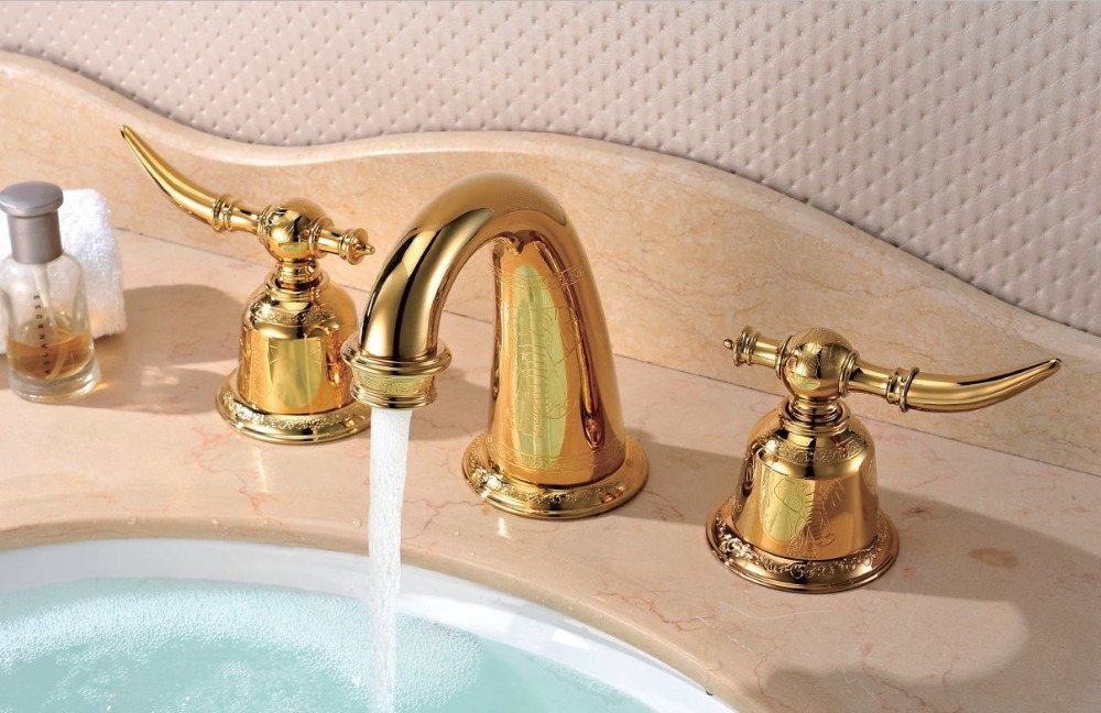  ο  3 PC а  ũ   clourengraved ڳ Ÿ/Free ship New Modern 3 Pcs Widespread Bathroom Sink Faucet gold clourengraved elephant style